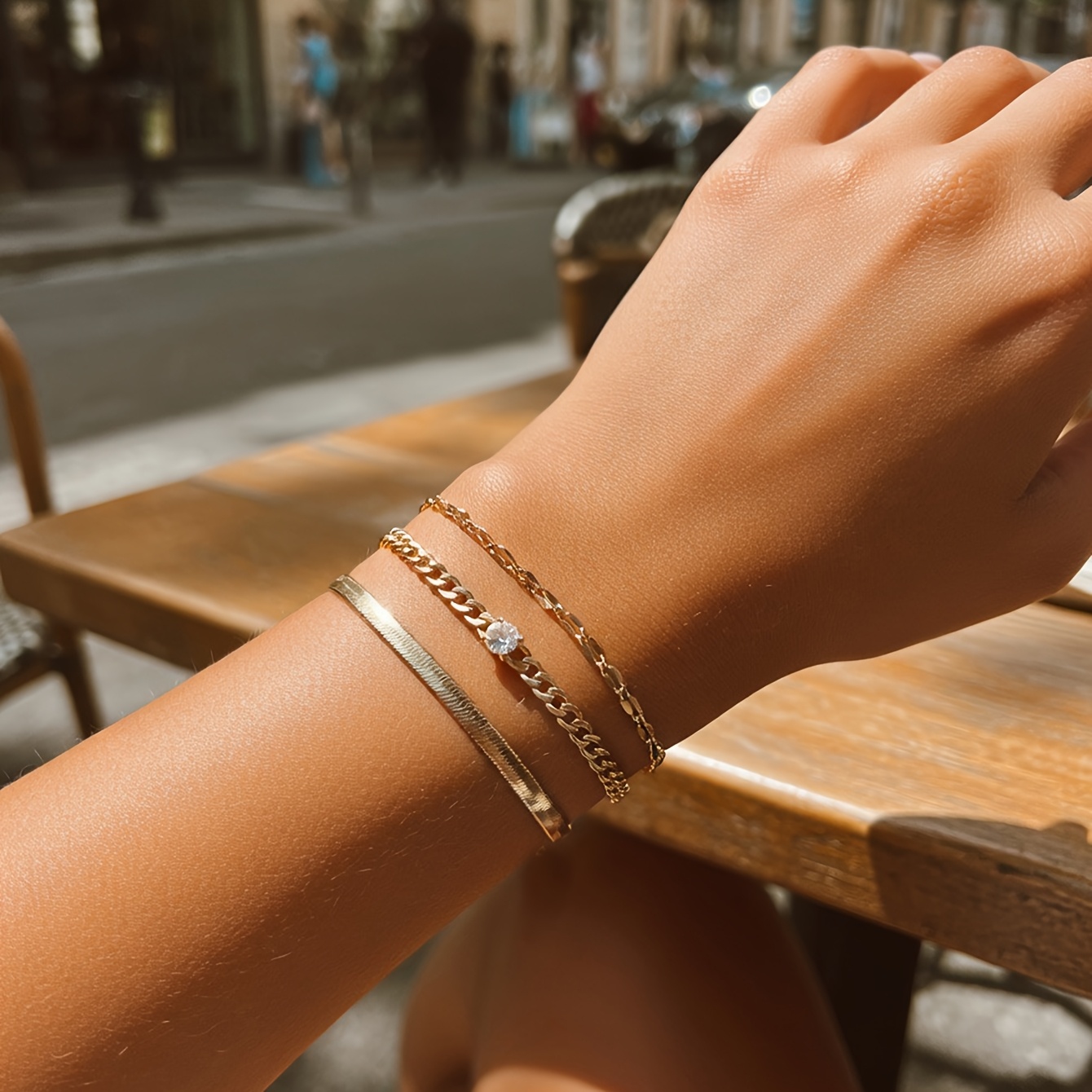 Fashion Pave Synthetic Zirconia Bangle Flat Chain Bracelet Set